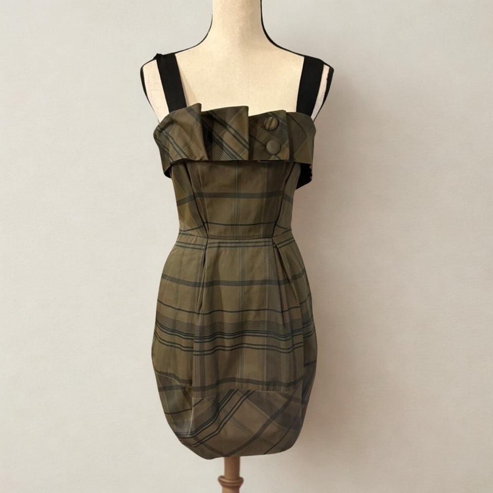 Cue European Fabric Plaid Army Green & Black Plaid Structured Mini Dress
